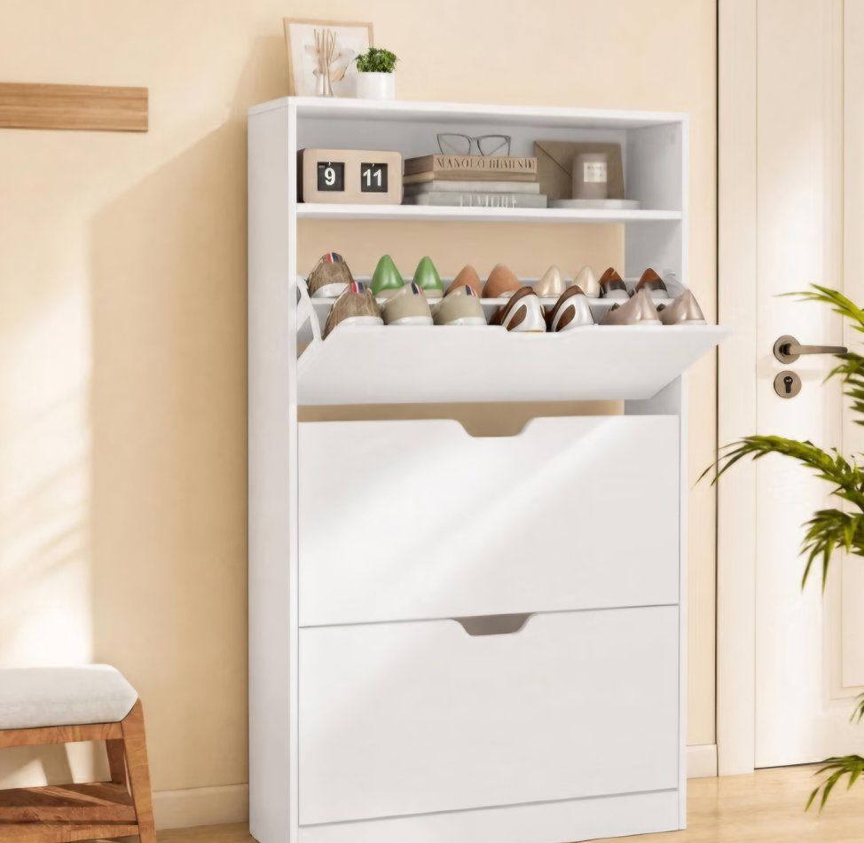 Custos Collection Shoe Organizer, Adjustable Dividers, White Adjustable and Removable Dividers,3 Flip Drawers, 9.4 x 31.5 x 54.5