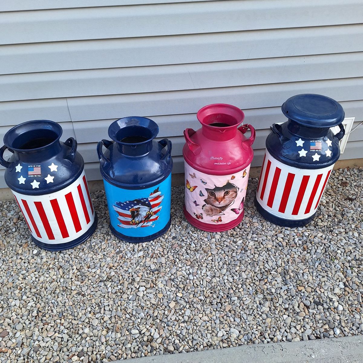 10 gallon hand painted milk cans