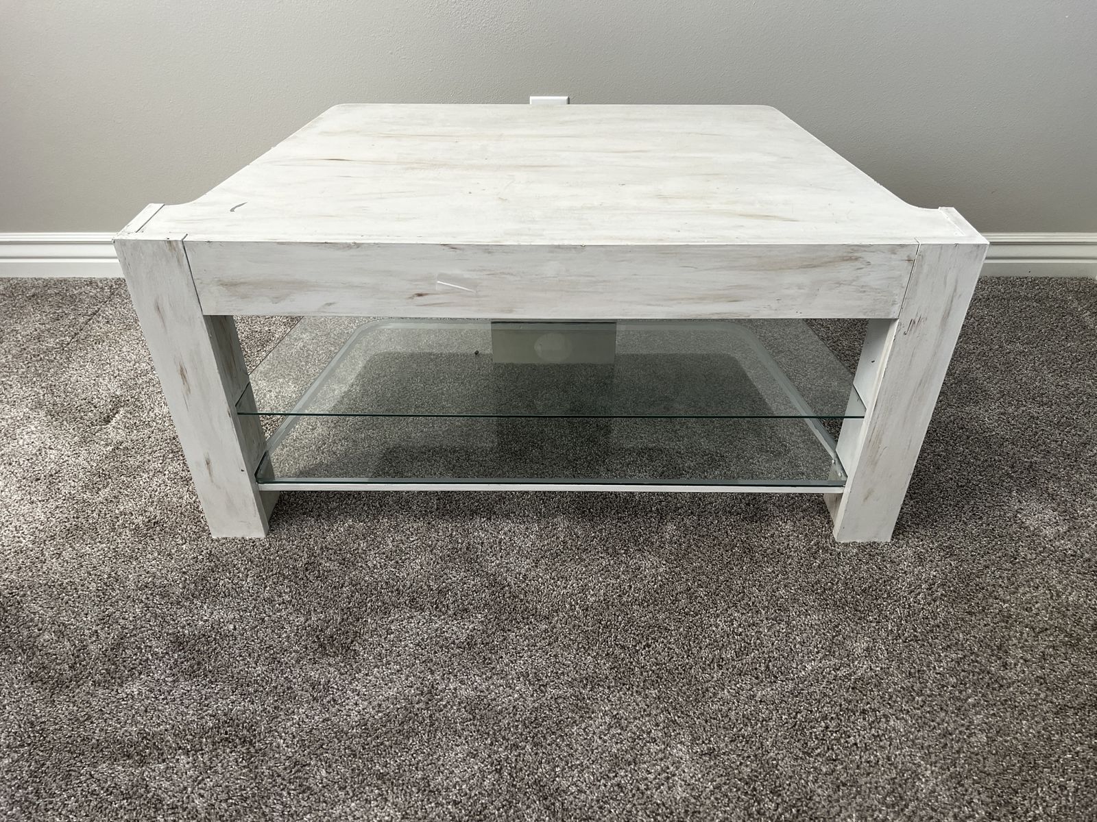 Refinished Distressed White TV Stand Media Console w/ Glass Shelves