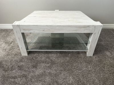 Refinished Distressed White TV Stand Media Console w/ Glass Shelves