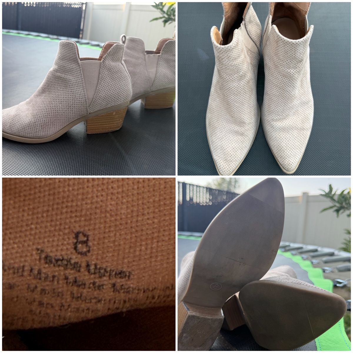 Women's Beige Perforated Ankle Booties Size 8 - Pointed Toe Block Heel Slip On