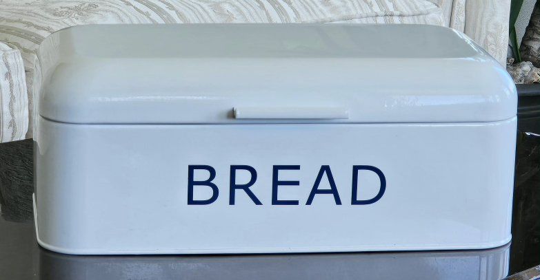 White Metal Bread Box Storage Container with Blue "BREAD" Lettering