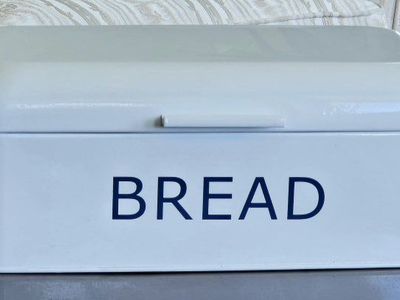White Metal Bread Box Storage Container with Blue "BREAD" Lettering