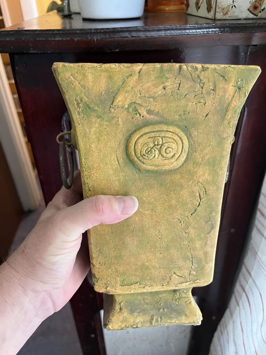 Decorative Distressed Vase with Metal Ring Handles and Medallion