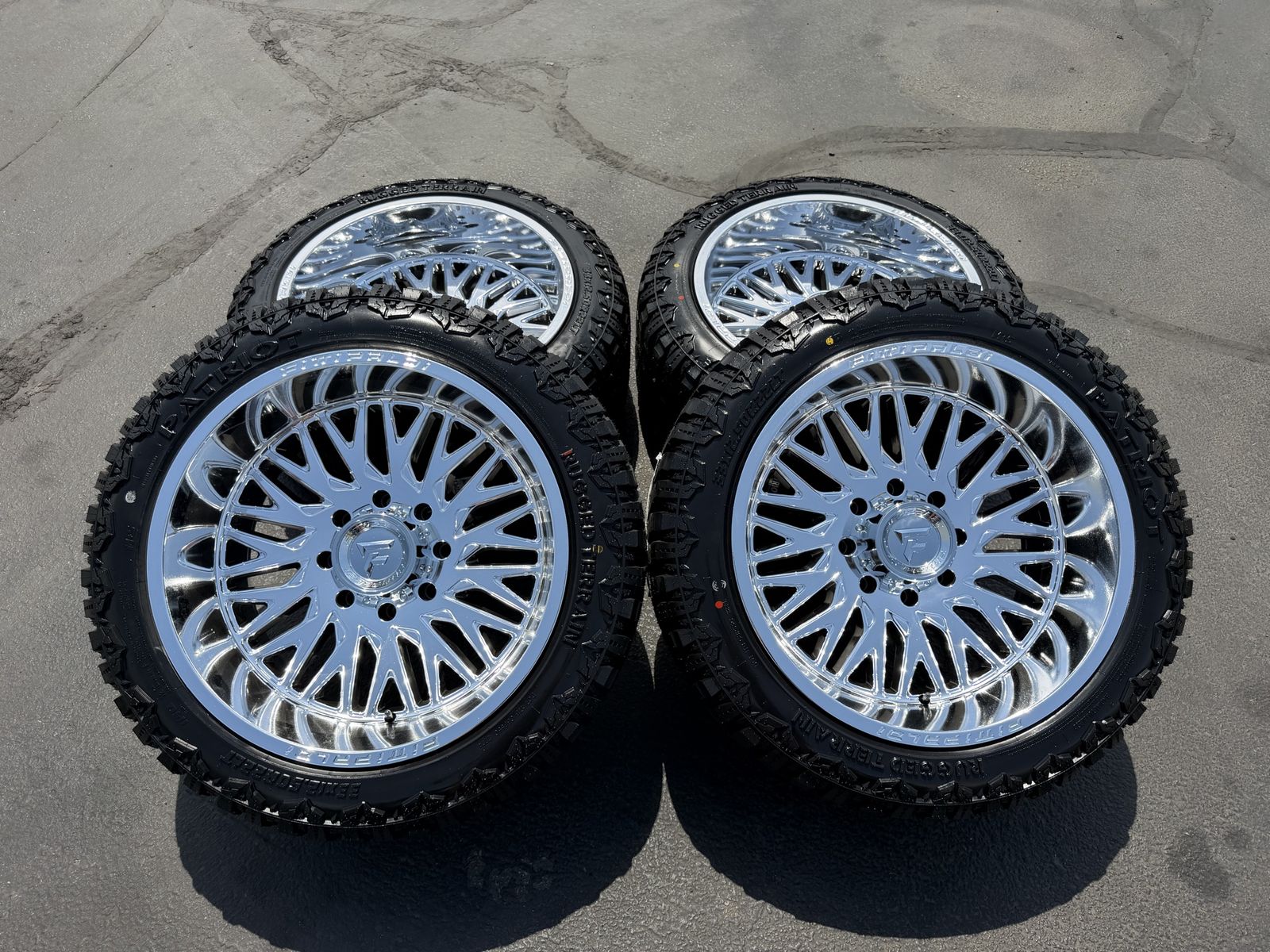New 33x12.50r22 Patriot RT Chrome Fittipaldi FA07 wheels-44et 8x180 8 lug Chevy Silverado 2500 3500 GMC Duramax Mirror Coat