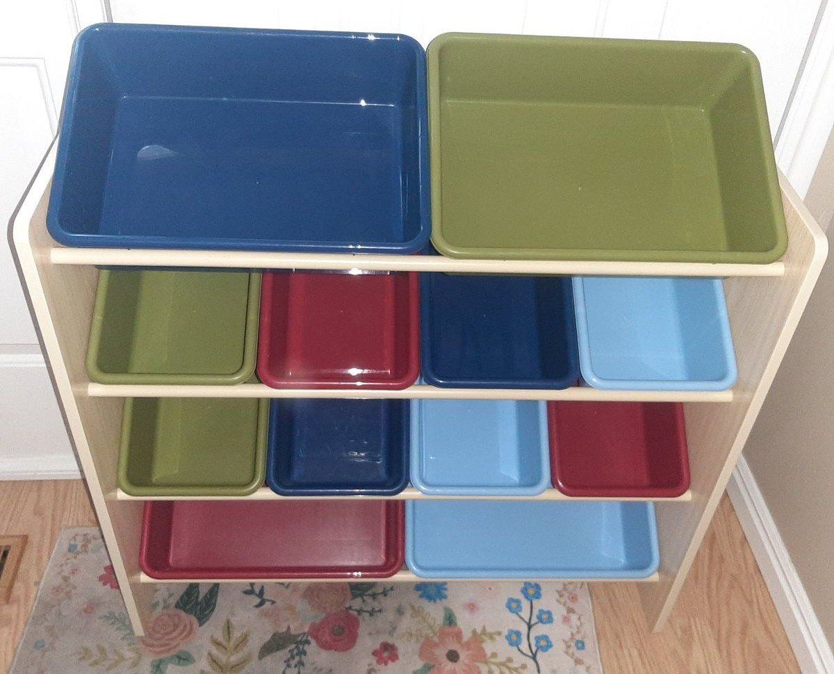 Children's Kids Toy Storage Organizer Bins Wood Plastic 4 shelf 12 boxes Various Sizes
