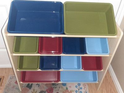 Children's Kids Toy Storage Organizer Bins Wood Plastic 4 shelf 12 boxes Various Sizes