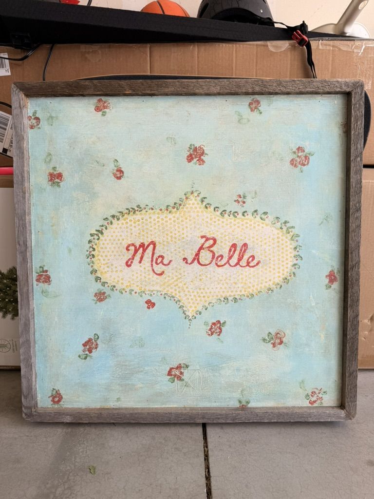Sugarboo Ma Belle Wooden Framed Wall Art Decor, Shabby Chic French Country Style, Light Blue Floral
