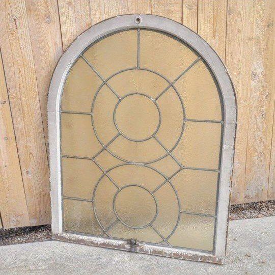 Vintage Arched Glass Window - Architectural Salvage, Frosted Circles Design