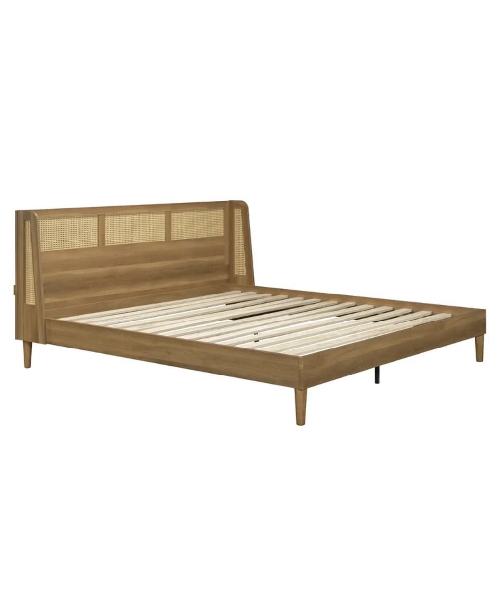 Better Homes & Gardens Springwood Caning King Platform Bed With Headboard, Light Honey Finish