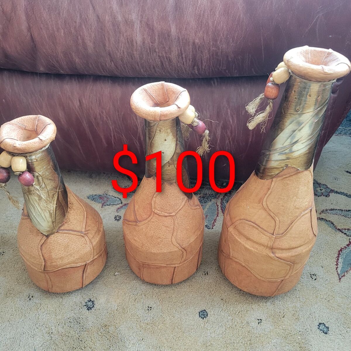 Rustic Pottery Vases, Leather Wrapped.