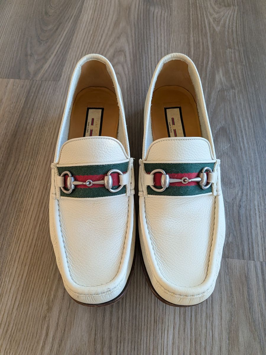 Gucci Horsebit Loafers - White Leather, Web Stripe - Men's US 9 - Worn Once