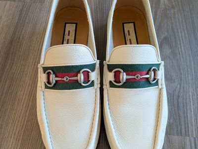 Gucci Horsebit Loafers - White Leather, Web Stripe - Men's US 9 - Worn Once