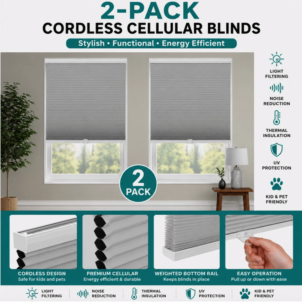 2-Pack NEW Cordless Blackout Cellular Honeycomb Window Shades 34.5 x 70 Gray