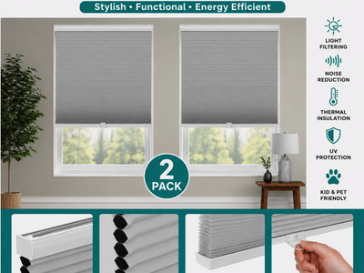 2-Pack NEW Cordless Blackout Cellular Honeycomb Window Shades 34.5 x 70 Gray