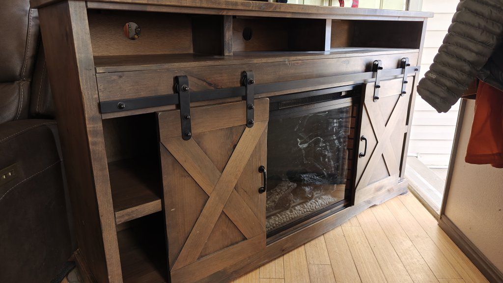 Electric Fireplace TV Stand with Barn Doors and Storage, Rustic Wood Finish, 58" Width
