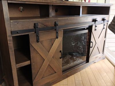 Electric Fireplace TV Stand with Barn Doors and Storage, Rustic Wood Finish, 58" Width