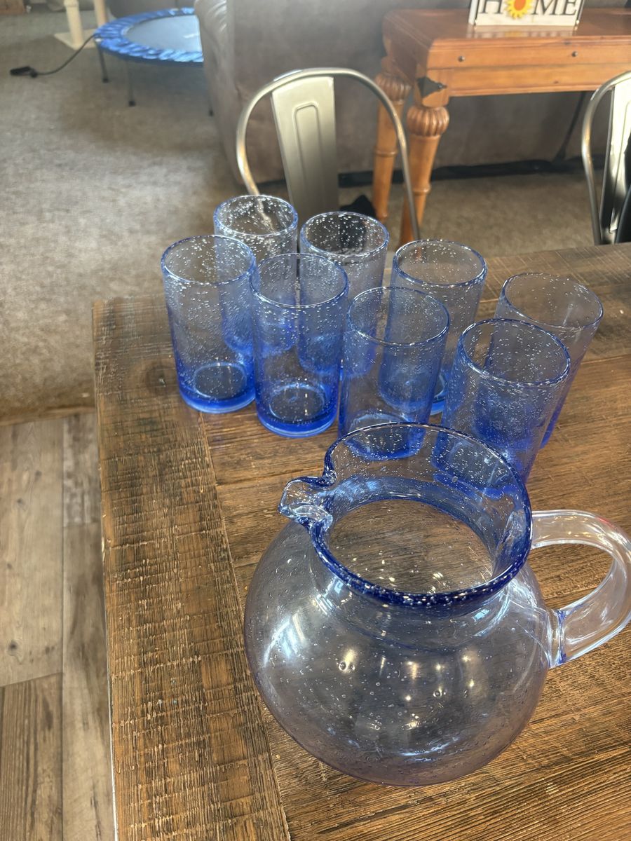 Blue Bubble Glass Pitcher and Highball Drinking Glasses Set