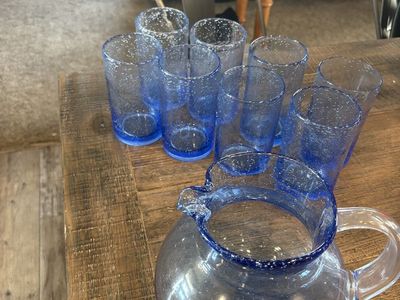 Blue Bubble Glass Pitcher and Highball Drinking Glasses Set