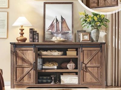 Farmhouse TV Stand 66" w/ Sliding Barn Door, 4 Drawers, & Storage for 75+" TVs - Dark Brown
