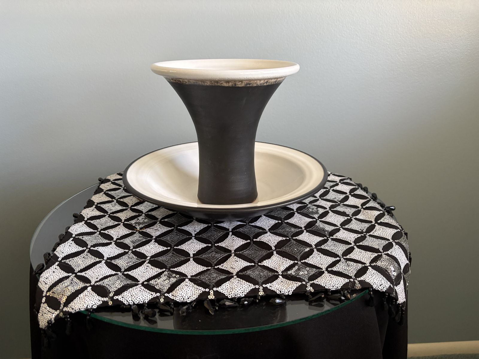 Matching Ceramic Pedestal Vase and Bowl -- 2 Piece