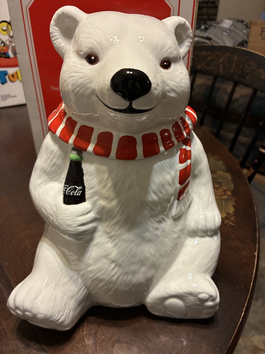 Vintage 1994 Coca-Cola Polar Bear Ceramic Cookie Jar with Original Box - Wearing Scarf holding Coke