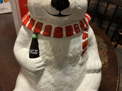 Vintage 1994 Coca-Cola Polar Bear Ceramic Cookie Jar with Original Box - Wearing Scarf holding Coke