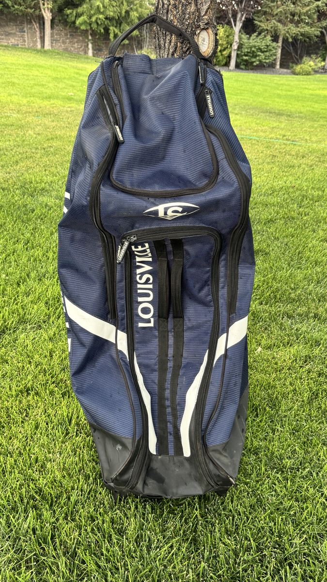 Louisville Slugger Navy Blue & White Wheeled Baseball Catcher / Equipment Bag