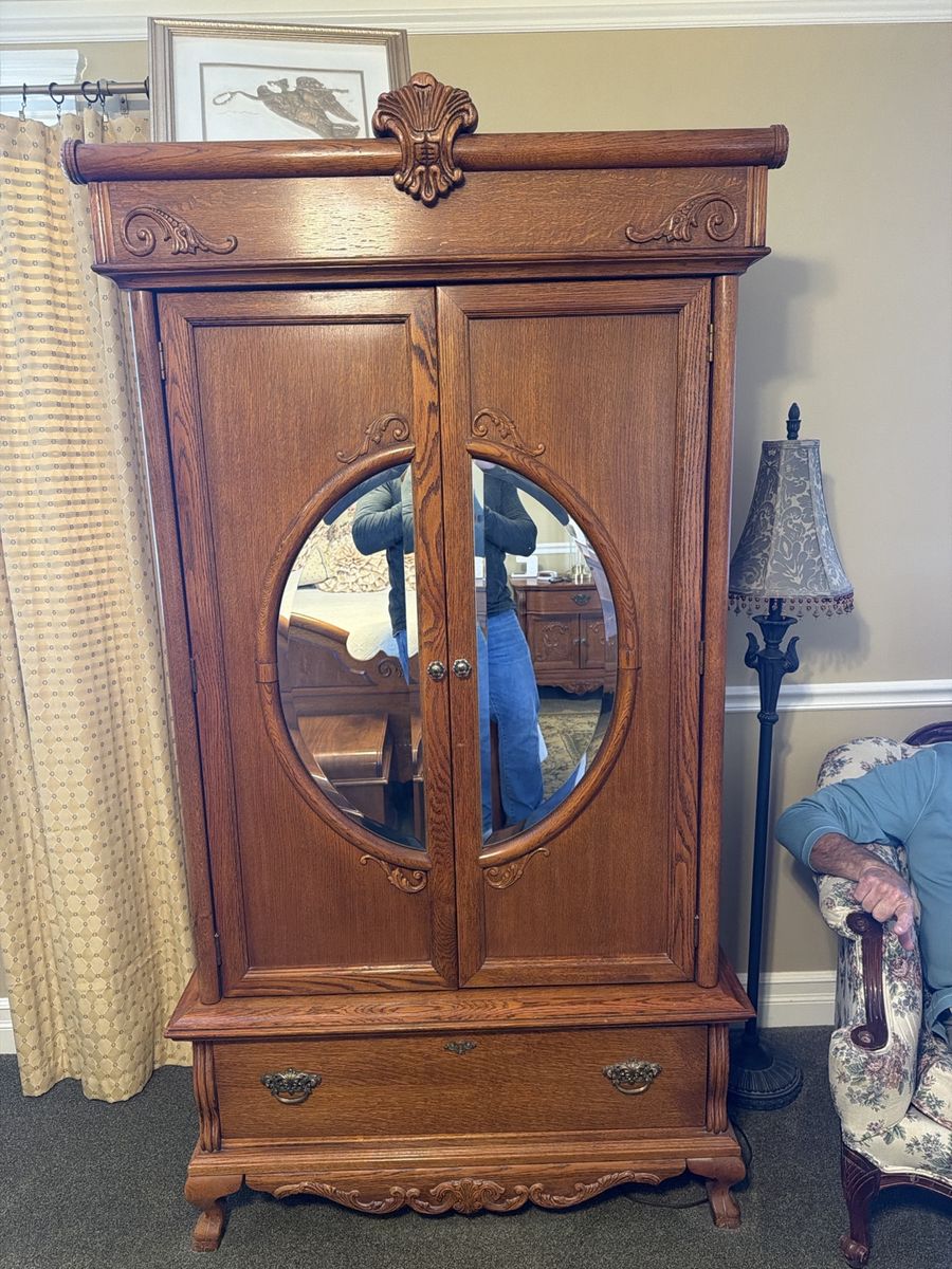 Vintage Oak Armoire Wardrobe Cabinet with Mirrored Doors