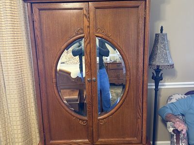 Vintage Oak Armoire Wardrobe Cabinet with Mirrored Doors