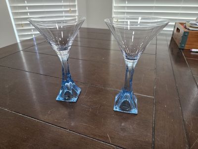 2x Clear & Blue Martini Glasses - Hand Wash Only - Made in China