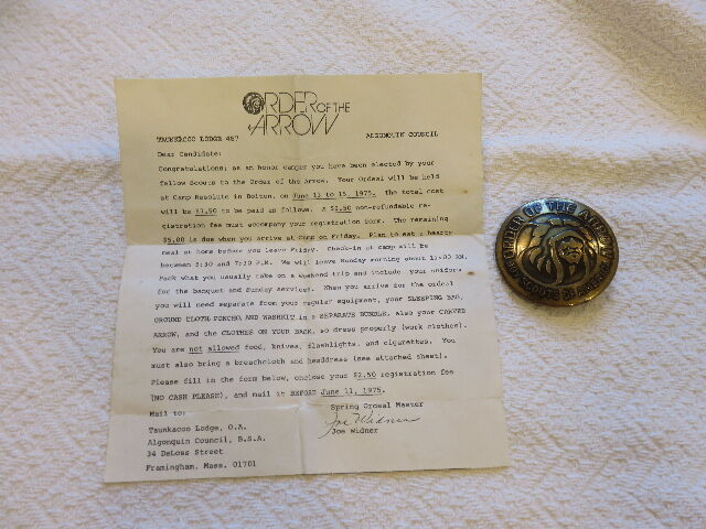 1975 BOY SCOUTS OF AMERICA "ORDER OF THE ARROW" BELT BUCKLE AWARD AND DOCUMENTATION