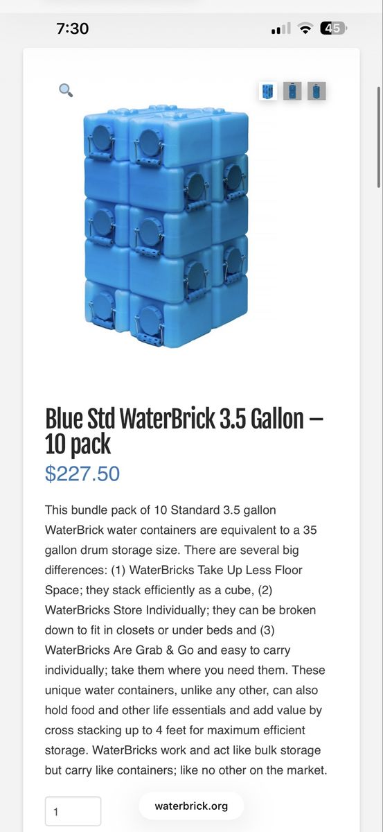 WaterBrick 3.5 Gallon Standard Blue Water Containers - 10 Pack