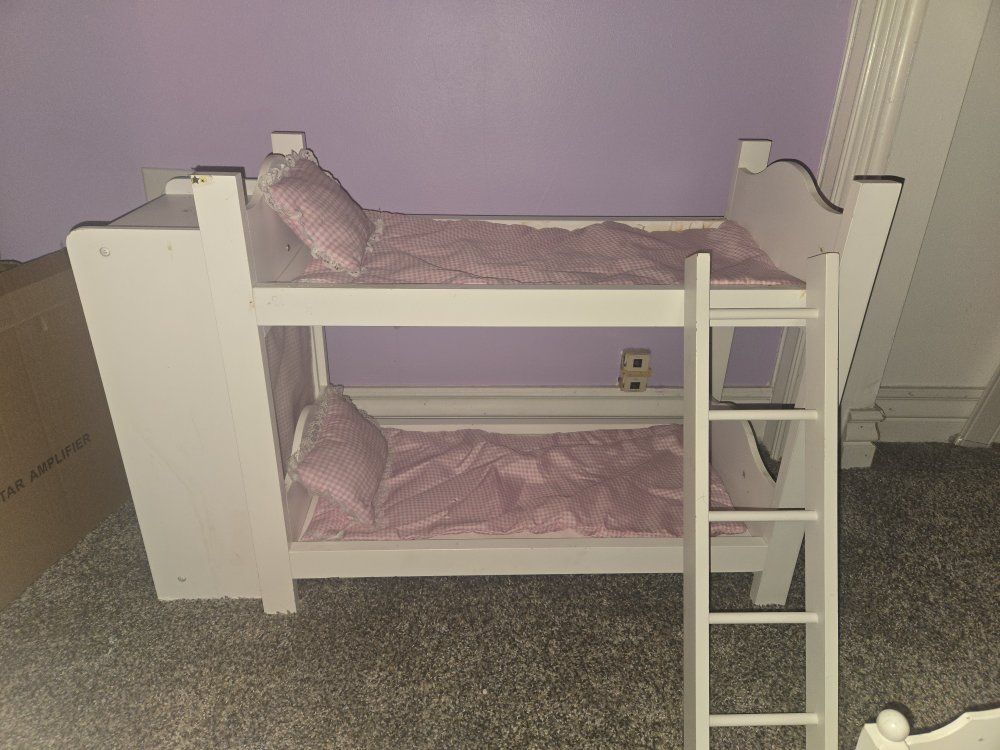 White Wooden Doll Bunk Beds with Closet & Ladder - Pink Gingham Bedding, Fits 18" Dolls
