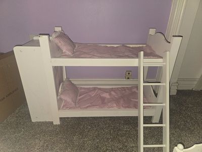 White Wooden Doll Bunk Beds with Closet & Ladder - Pink Gingham Bedding, Fits 18" Dolls
