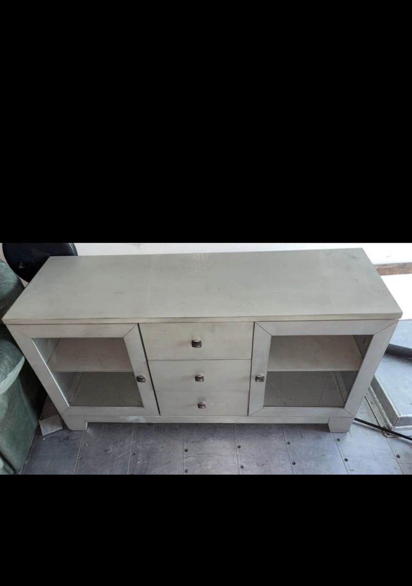 Grey Wooden TV Stand Media Console with Cabinets and Drawers
