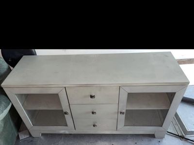 Grey Wooden TV Stand Media Console with Cabinets and Drawers