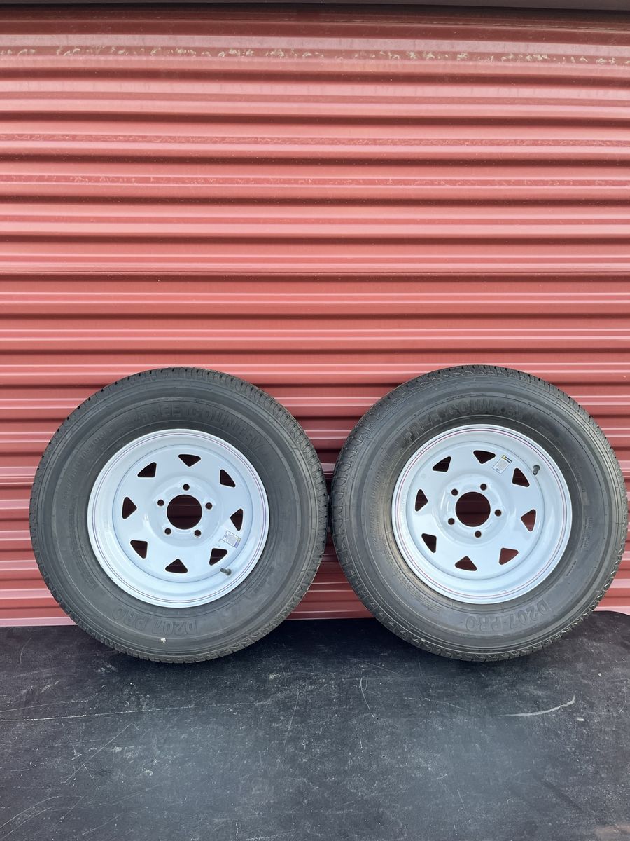 Set of 2 Free Country ST 205/75 14 Trailer Tires Mounted on New White Spoke Wheels 8 Ply D Load 5 on 4.5 Brand New