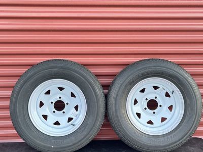 Set of 2 Free Country ST 205/75 14 Trailer Tires Mounted on New White Spoke Wheels 8 Ply D Load 5 on 4.5 Brand New