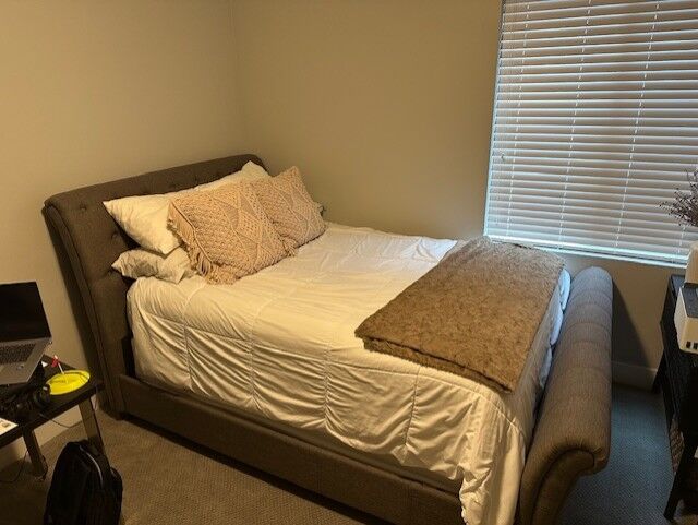 Queen bed frame with queen bed and box spring