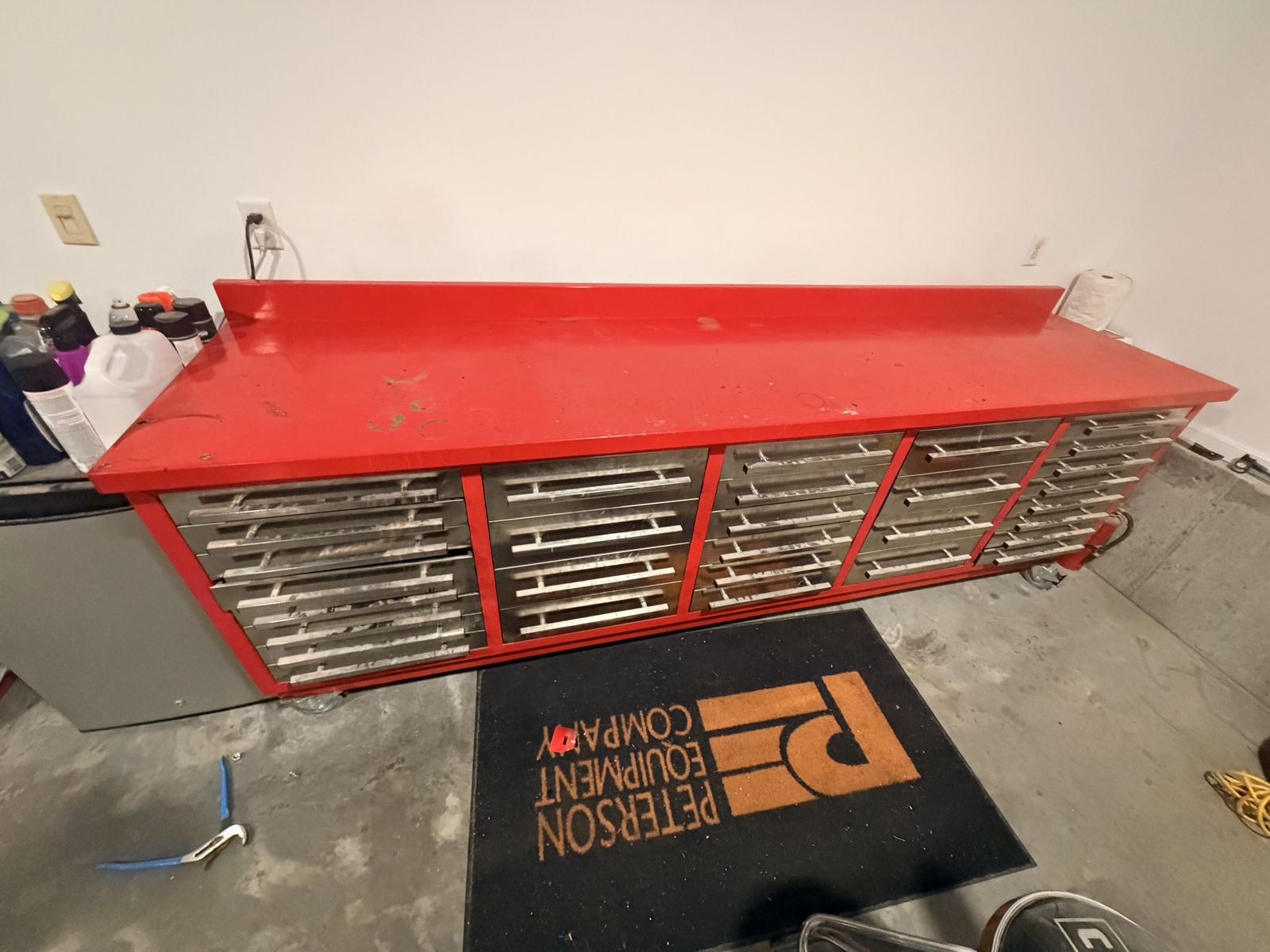 Heavy-Duty Red Industrial Shop Workbench with 20 Metal Drawers & Casters - 8ft Length