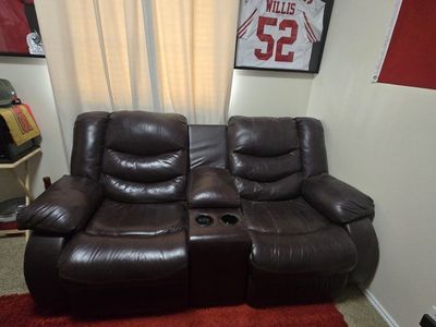 Brown Leather/vinyl Reclining Loveseat with Center Console & Cup Holders