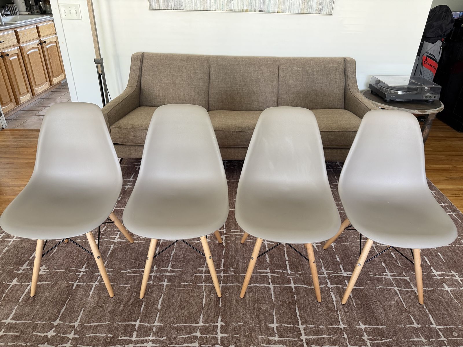Set of 4 Mid-Century Modern Dining Chairs - Gray Plastic Seats, Wood Legs, Eames-Style