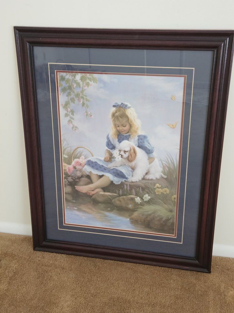 Framed Art Print of Young Girl with Puppy by Stream