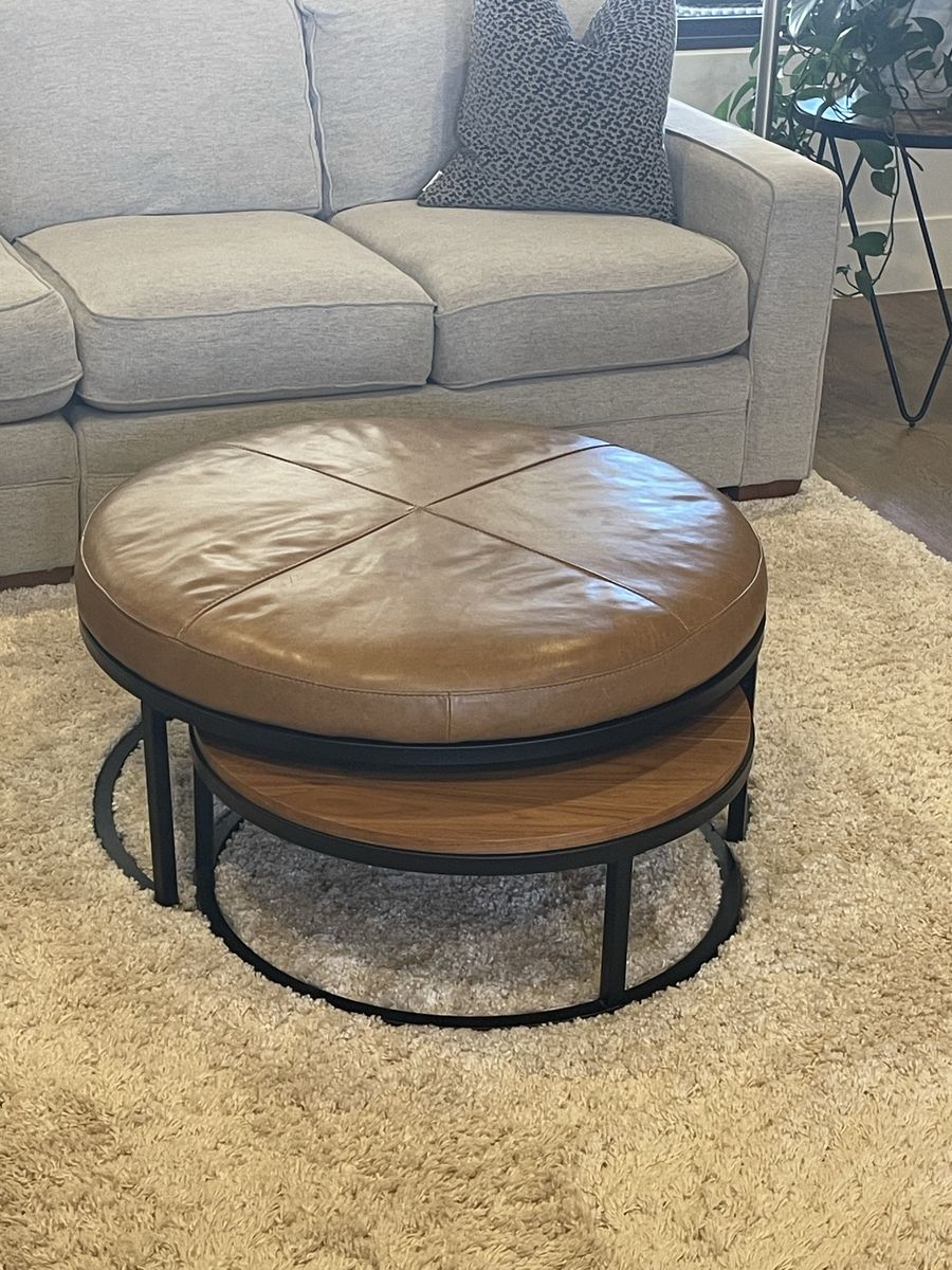 Two piece leather and wood ottoman