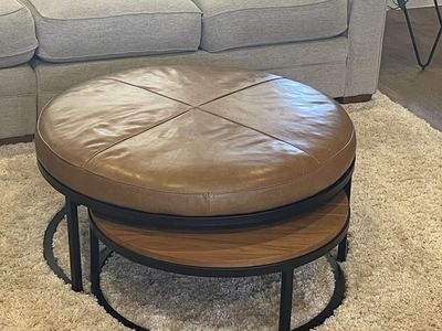 Two piece leather and wood ottoman
