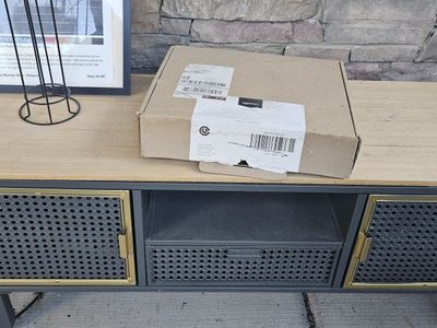 Grey TV stand with wood top