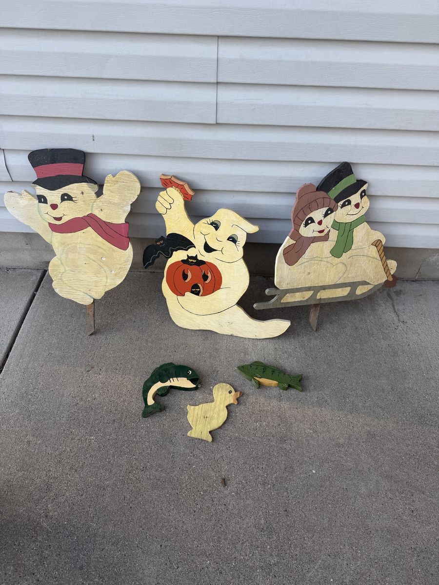 Handmade Wooden Yard Art Lot - Snowmen, Ghost, Fish, Duck Seasonal Decor