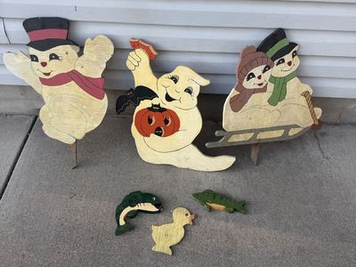 Handmade Wooden Yard Art Lot - Snowmen, Ghost, Fish, Duck Seasonal Decor