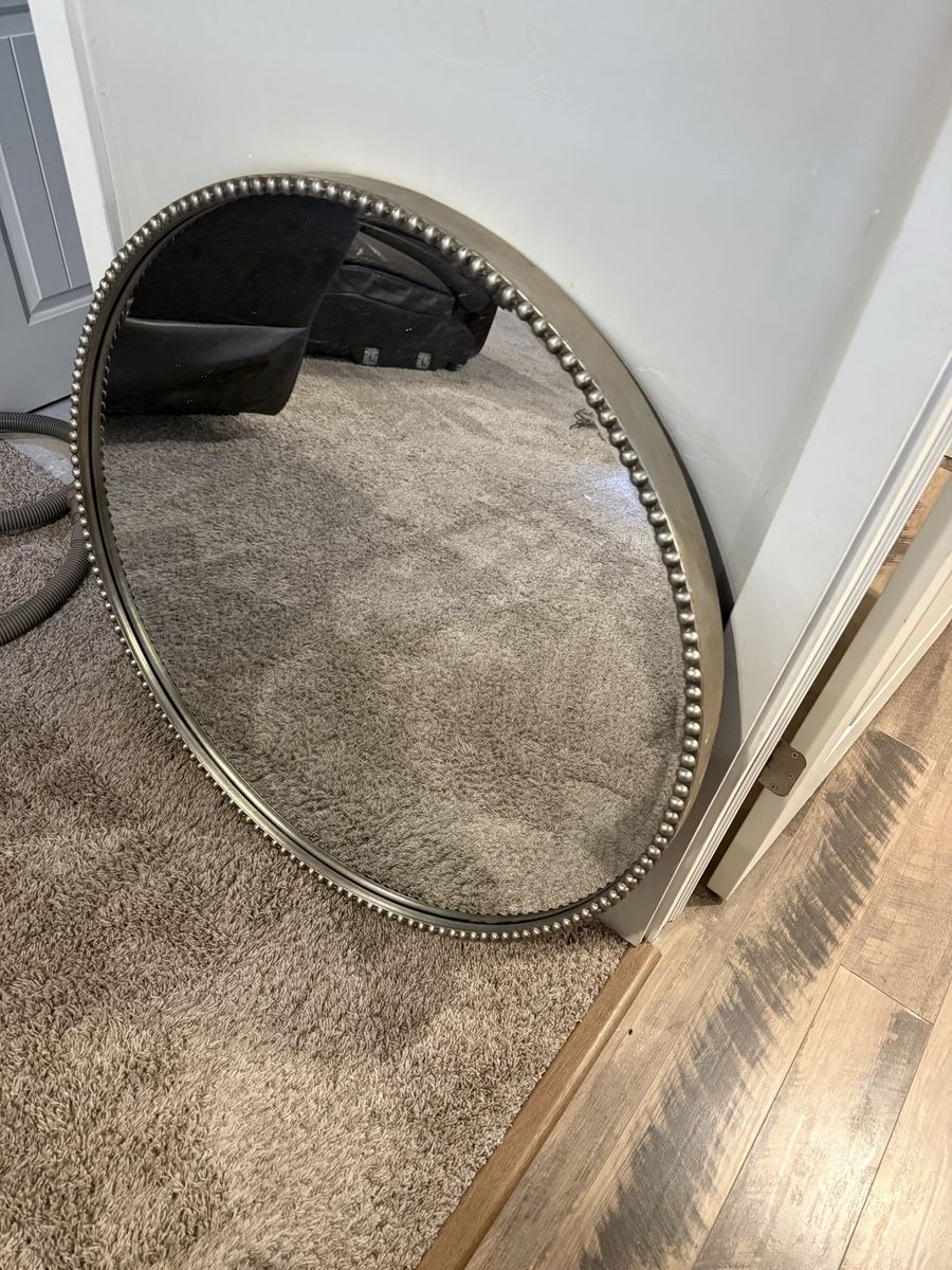 36 inch Ornate Silver Oval Wall Mirror with Beaded Frame - Large Decorative Accent Piece